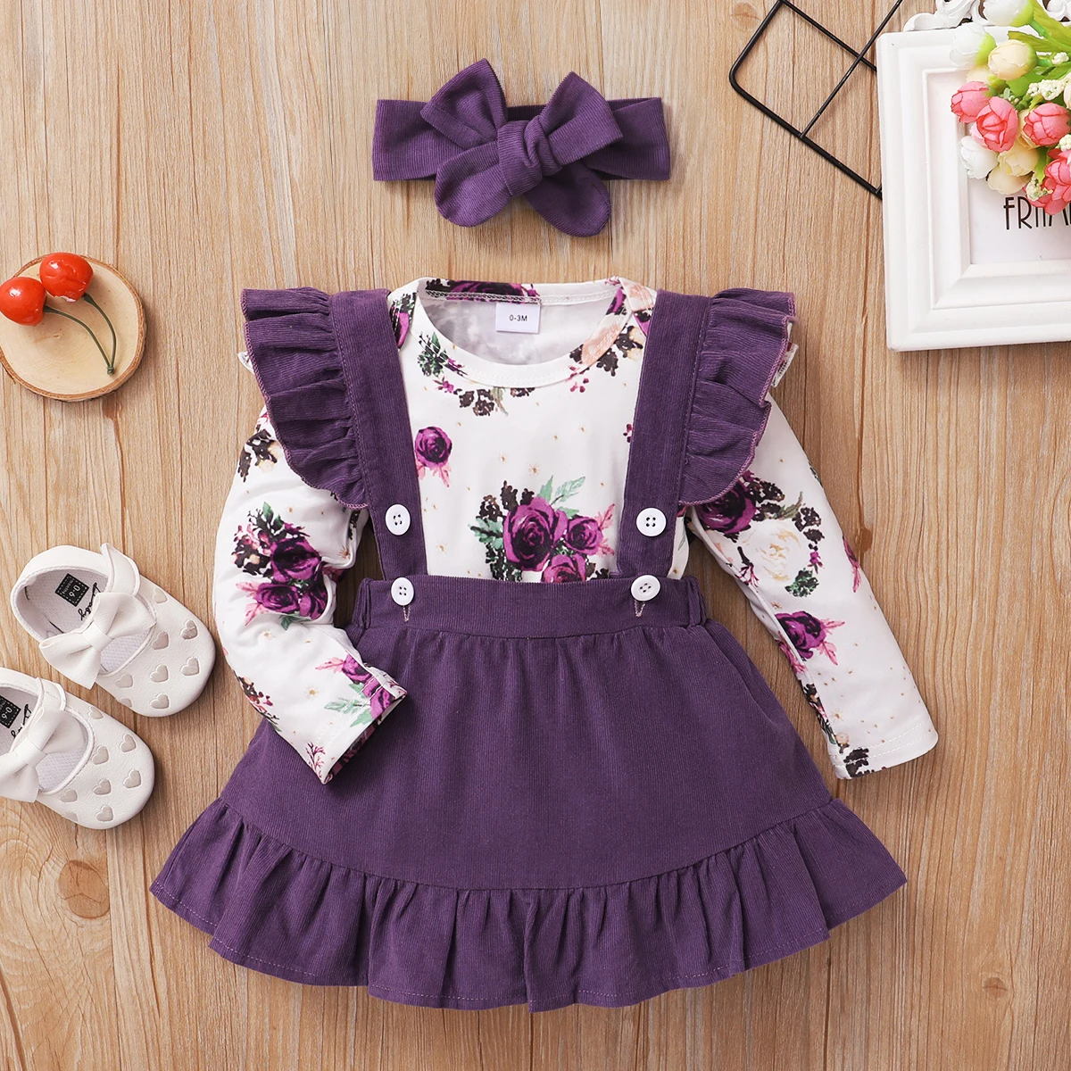 Conjunto 3 peças floral body + jardineira + bandana para bebê