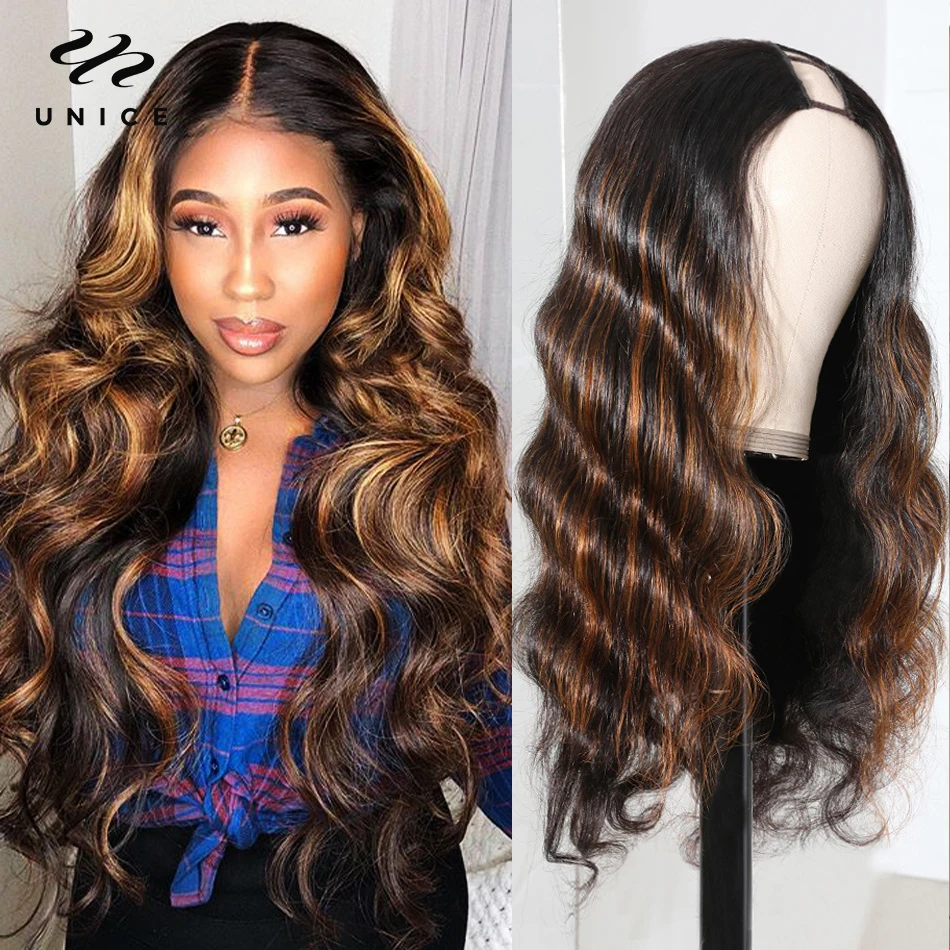 Unice hair Highlight U Part Wig Human Hair Wigs Brazilian Hair Body Wave Wig Ombre U Part Wigs For Women Middle Part 150 Density