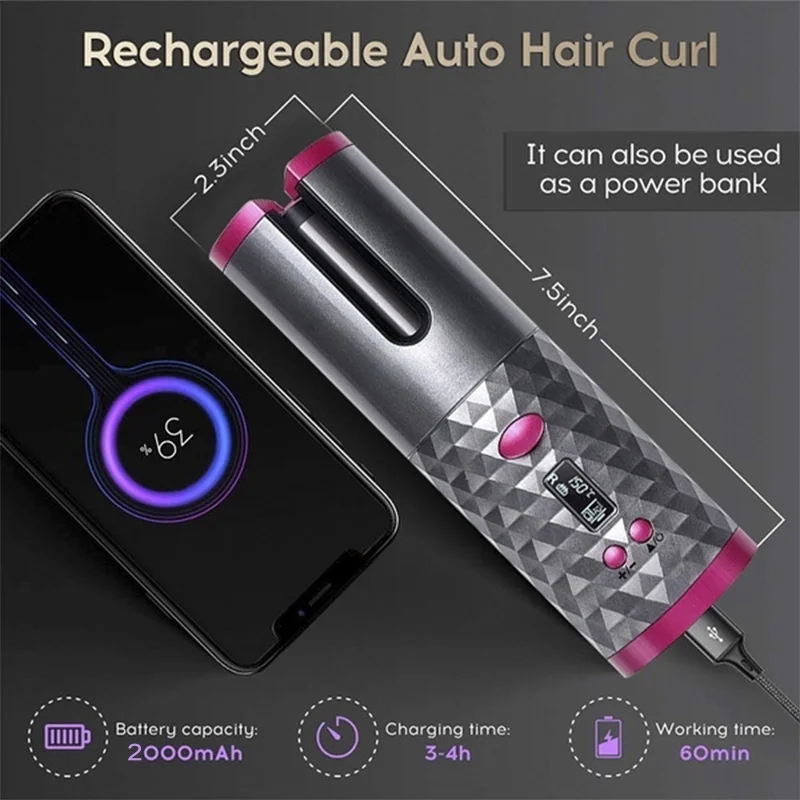 Modelador de Cabelo Recarregável sem Fio Automático Curling Ferro Cerâmica Rotativa Cordlesstimer Lcd Digital Cabelo Stying Ferramentas Usb 8 automático curling ferro cerâmica rotativa cordlesstimer lcd
