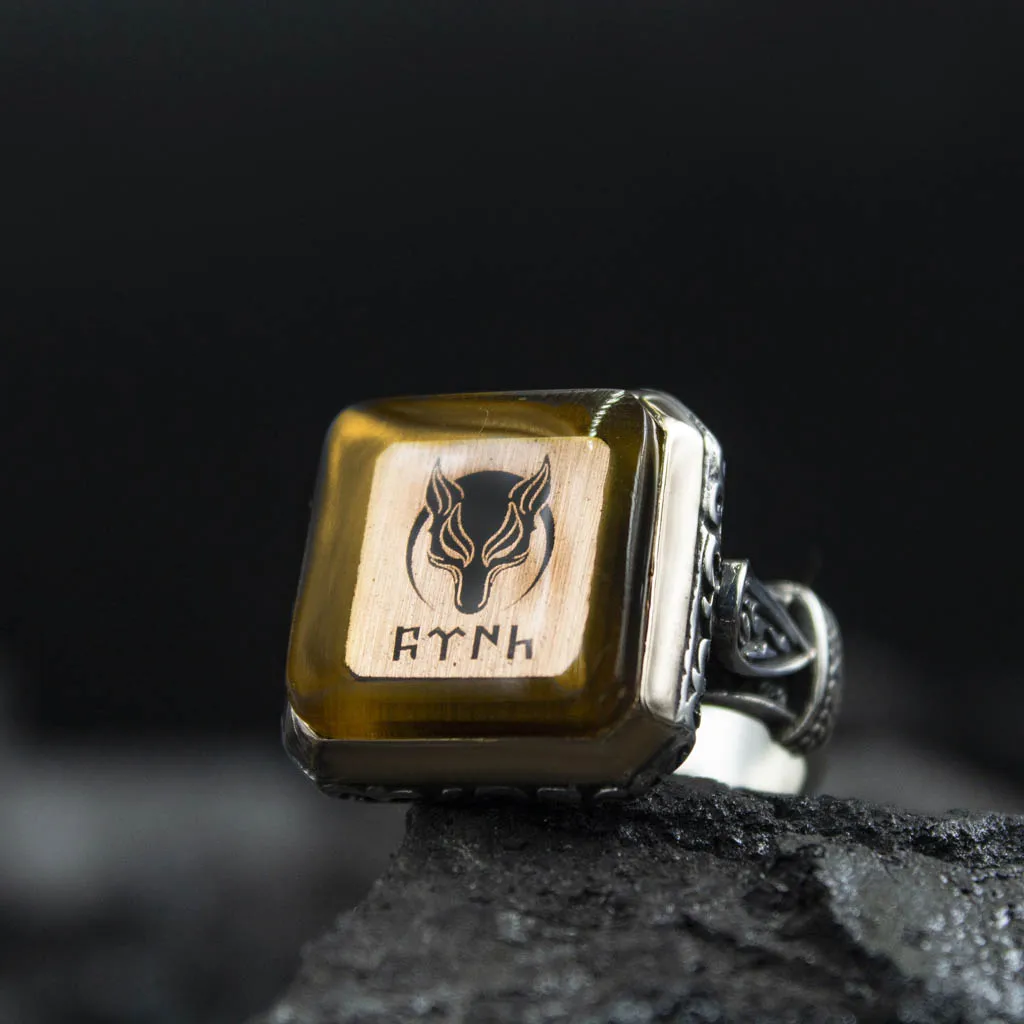 

Wolf Head Turk Written (Blue Turk Alphabet) Yellow Amber Stone 925 Sterling Customized Silver Ring for Men Jewelry Souvenir Gift