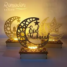

Ramadan Eid Mubarak Decorations for Home Moon LED Candles Light Wooden Plaque Hanging Pendant Islam Muslim Event Party Supplies