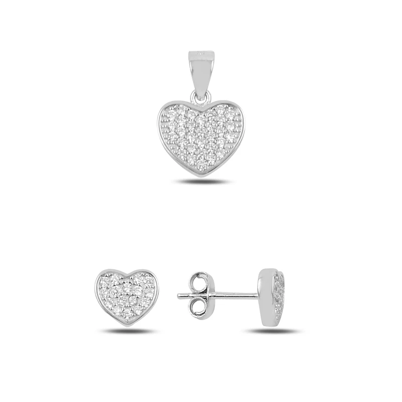 

Silver 925 Sterling Zircon Stone Heart Earrings & Pendant Set