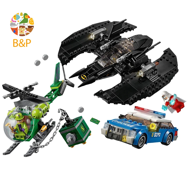 

76120 513Pcs Super Heroes Series The Batman Batwing and The Riddler Heist Model Building Blocks Bricks Education Toys Gift 11352