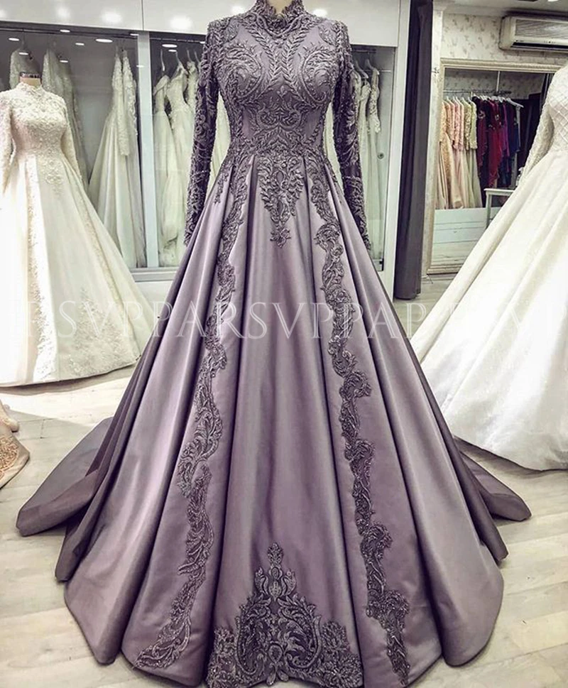 Long Arabic Evening Dresses 2021 High Neck Elegant Long Sleeve Beaded