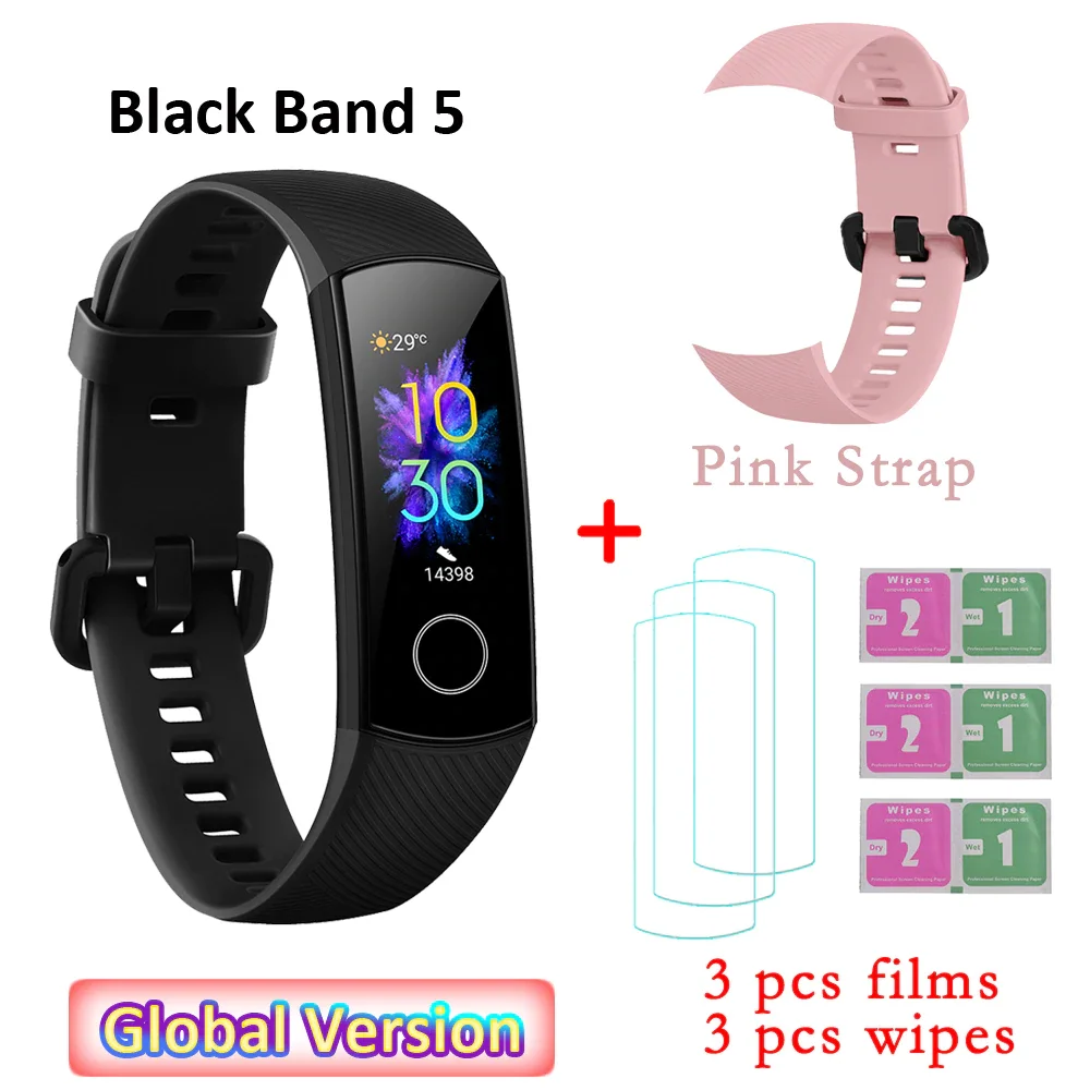 Global Versio huawei Honor Band 5 4, умный Браслет, умный браслет, шагомер, сенсорный экран, для плавания, сердечного ритма, сна, монитор - Цвет: P strap and 3 films