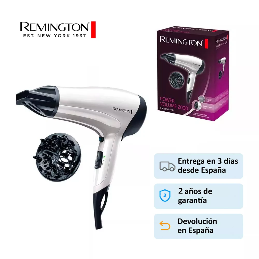 Remington Secador de Pelo Power Volume Iónico, Concentrador y Difusor, 3  Temperaturas, 2 Velocidades, Función Eco, 2000 W, Blanco y Negro D3015|Secadores  de pelo| - AliExpress