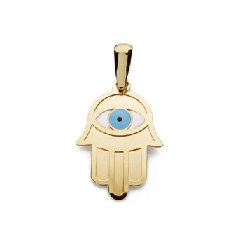 

Pendant 9k gold Hand of Fatima 19mm. Center blue eye white glazed