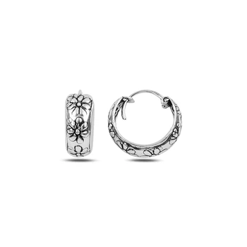 

Silver 925 Sterling Daisy Patterned Oxidized 15mm Ring Earrings
