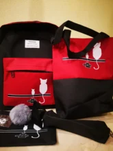 Panelled Shoulder-Bag Backpack Female Canvas Girl FUNMARDI Women for Patchwork Cat-Pattern