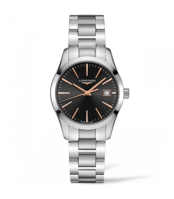 Longines часы Conquest классические 34 мм черные стальные кварцевые часы L2.386.4.52.6
