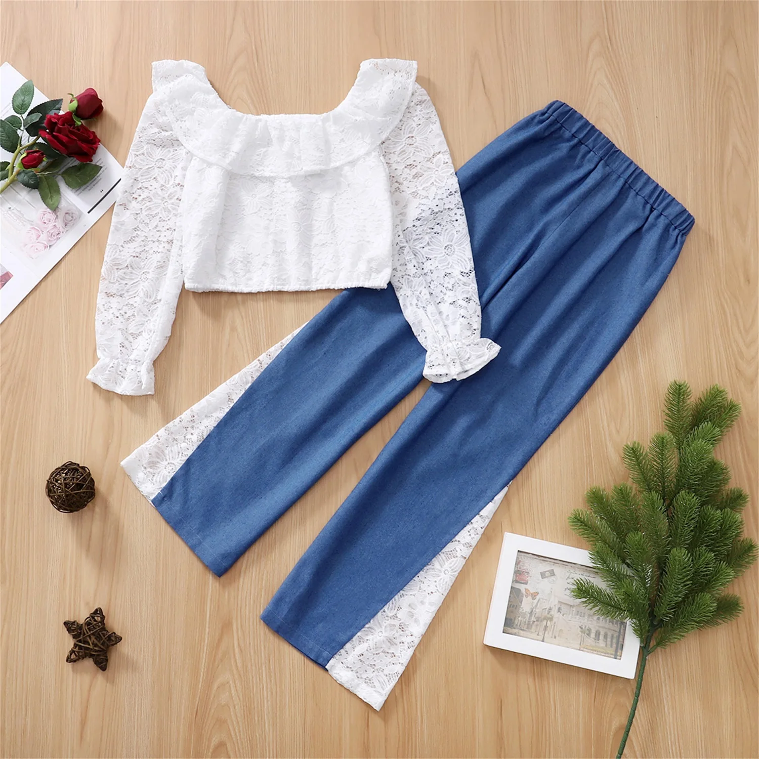 PatPat 2-piece Kid Girl Doll Collar Long-sleeve White Lace Top and Denim Splice Pants Set