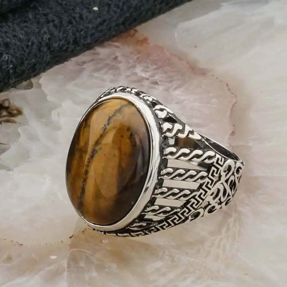 925 пробы Серебряное кольцо с камнем тигровый глаз модель 2
