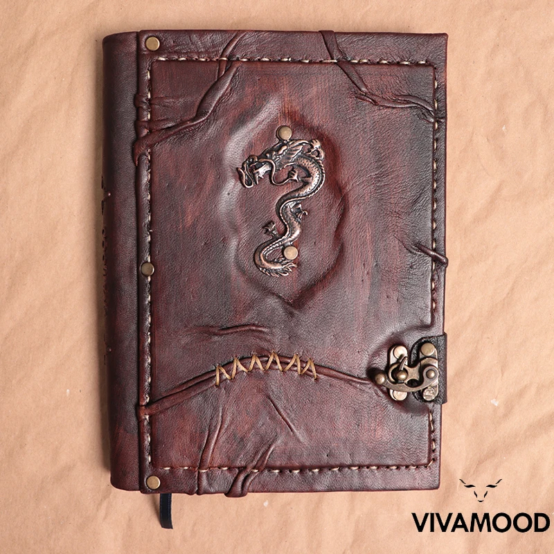 

Vintage Leather Journal & Notebook Dragon Embossed Notepad - Leather Diary With Lock - Poetry Leather Book - Travel Journal Book