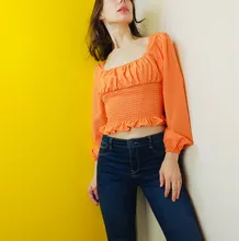 Short Blouses Womens Tops Long-Sleeve Vintage Square-Collar Casual Simple New Bow Solid