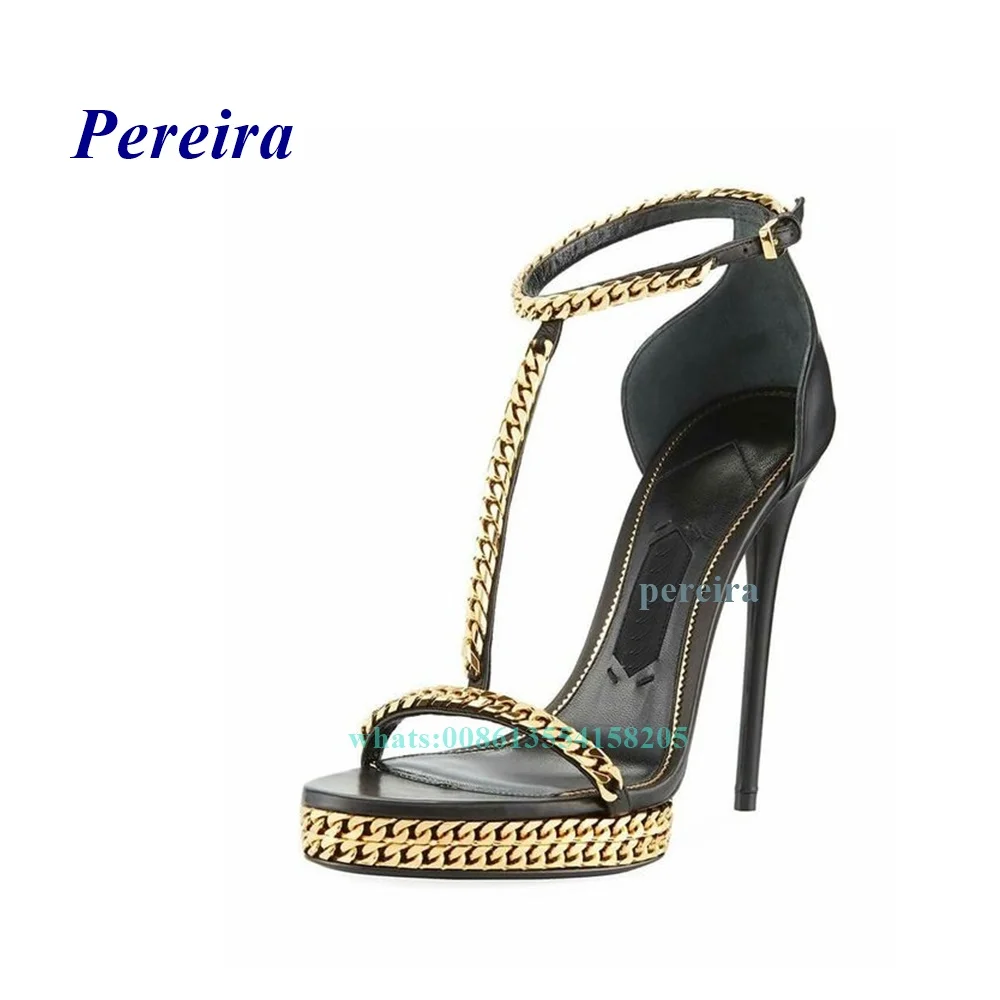Black Metal Decor Chain Sandals 2022 Open Toe Platform Chain Sandals Thin Heel Leather Cover Heel Buckle Strap Women Shoes Sexy