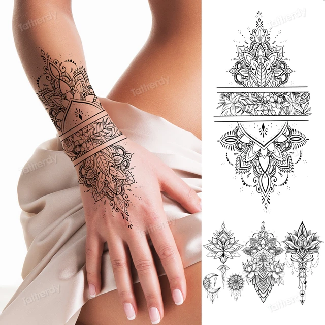 Fake Henna Tattoo Mandala Lotus Flowers Jewery Arabic Indian Egyptian Tattoo  Sleeve Hand Finger Breast Tatoo Black Waterproof  Temporary Tattoos   AliExpress