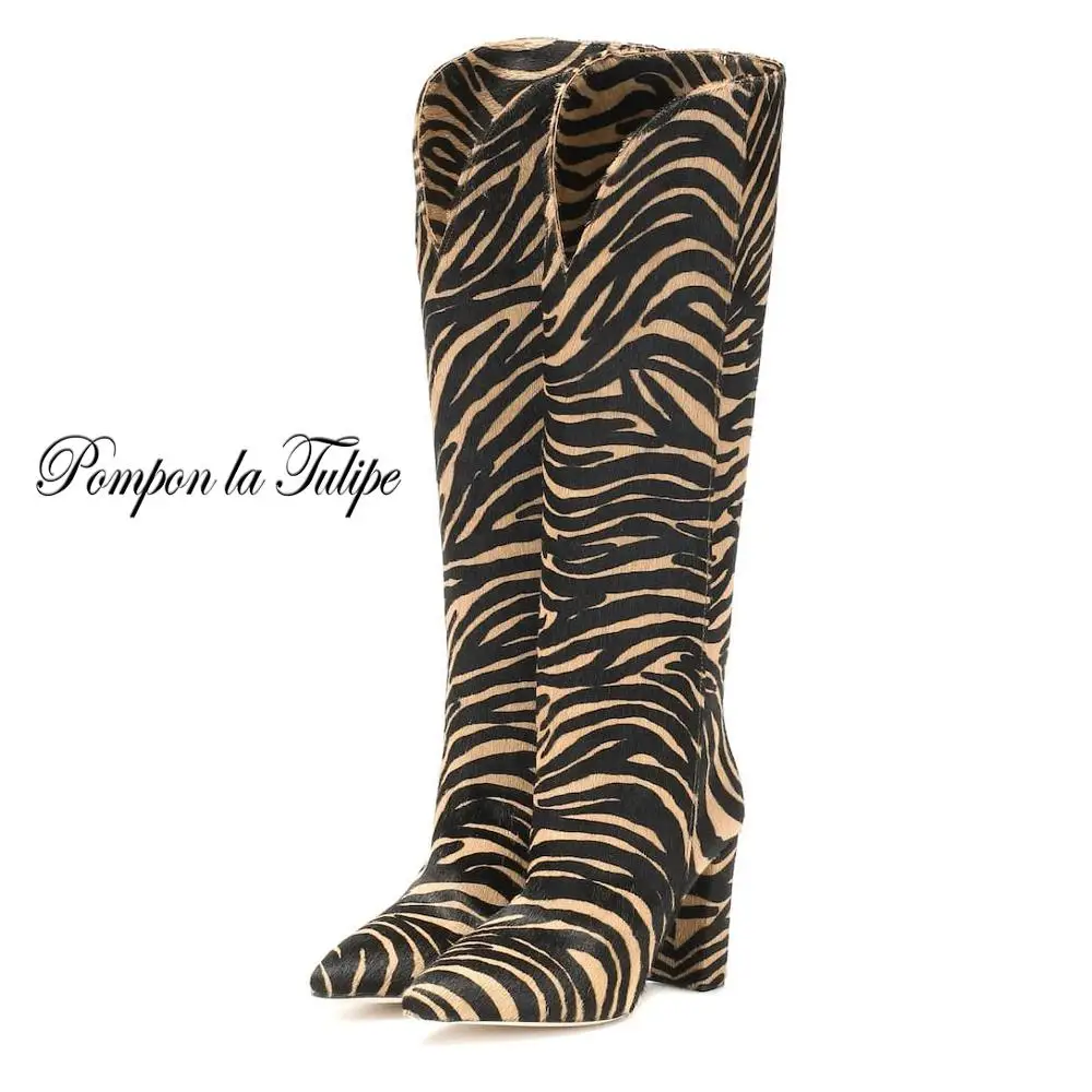 

Fashion Women Mujer Boots Leopard Zebra Python Crocodile Leather Chunky High Heels 9CM Knee High Short Plush Winter Trend 2020