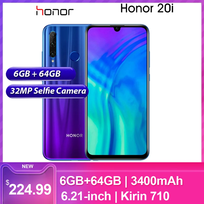 Honor 20i 4G LTE мобильный телефон 6,2" FHD+ 6 ГБ ОЗУ 64 Гб ПЗУ 32,0 Мп Android 9,0 Kirin 710 распознавание лица отпечаток пальца разблокированный смартфон
