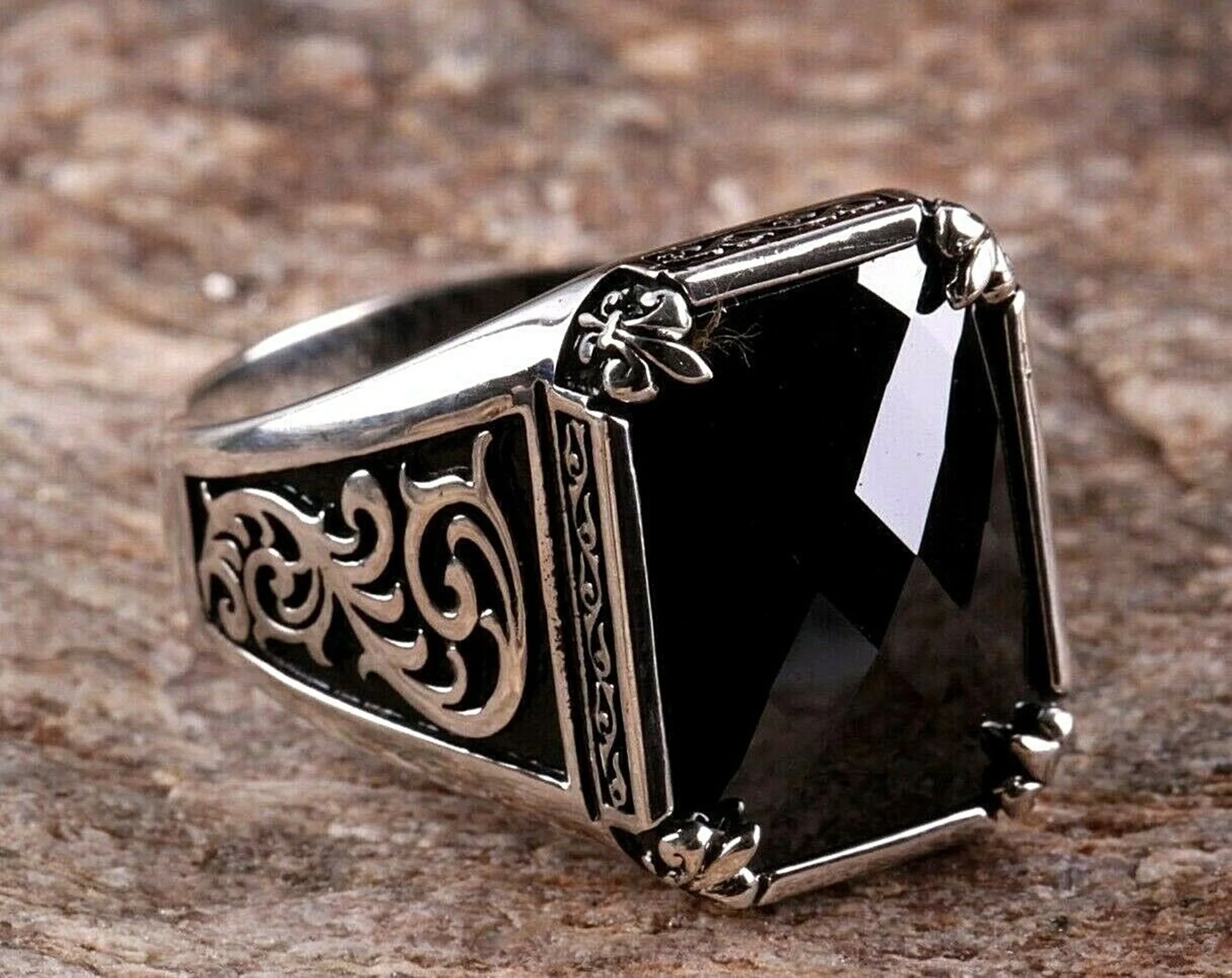 925 Sterling Silver Turkish Handmade Ottoman Onyx Stone Men's Ring All Sizes 