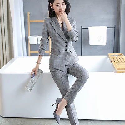 Plaid Pant Suits Для женщин Асимметричный брюки костюмы большого размера модная клетчатая Бизнес костюм набор форма конструкции Стиль Повседневная обувь пиджак и брюки Комплект из 2 предметов - Цвет: Plaid Pant Suits