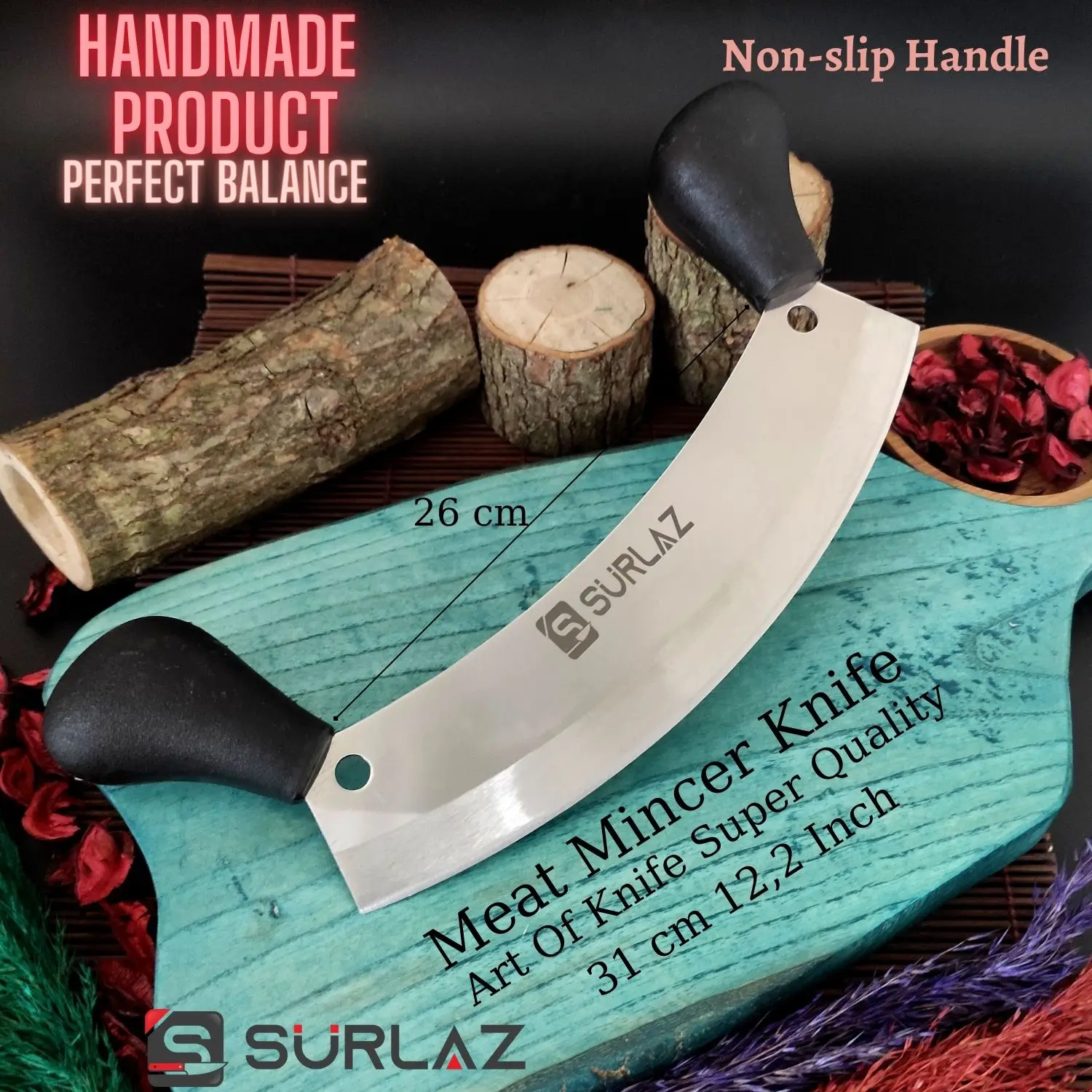 SürLaz 12.2 Inch Mezzaluna Knife Pizza Cutter Fruit Vegetable Salad Chopper Dicer With Curved Blade Kitchen Herb Mincer | Дом и сад