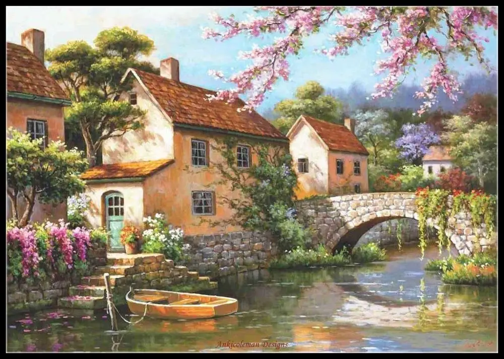 

Village Canal - Counted Cross Stitch Kits - Handmade Needlework for Embroidery 14 ct Aida Cross Stitch Sets Color Oil painting