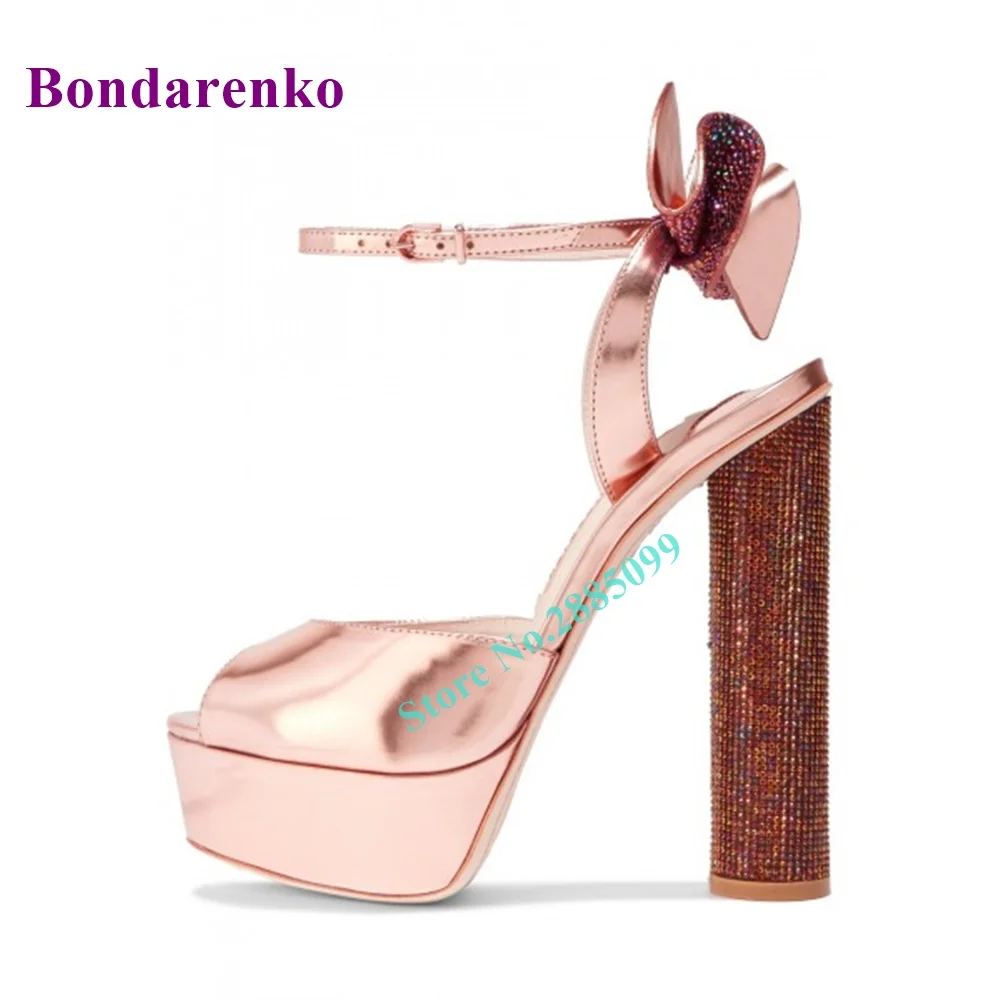 Rose Gold Shoes Metallic Rhinestone Bow Block Heel Prom Sandals Chunky Heel  Peep Toe Ankle Buckles Solid Sandals Summer Party - Women's Sandals -  AliExpress