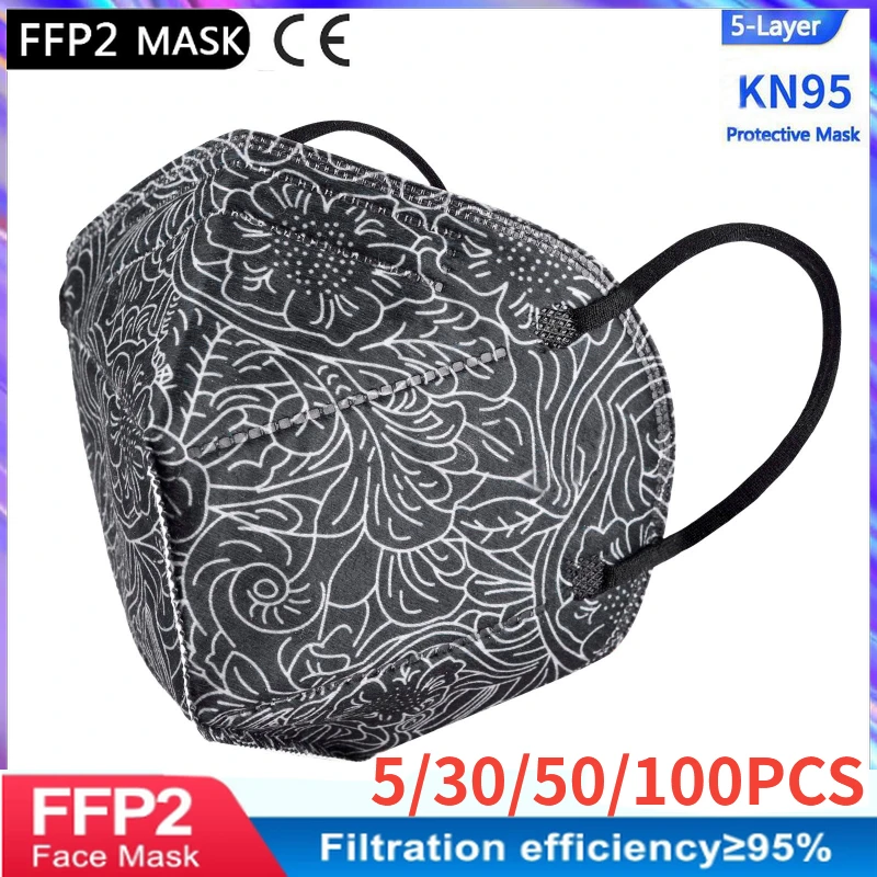 Mascarilla ffp250 para adultos, 5 capas, con filtros, estampado Floral, fpp2
