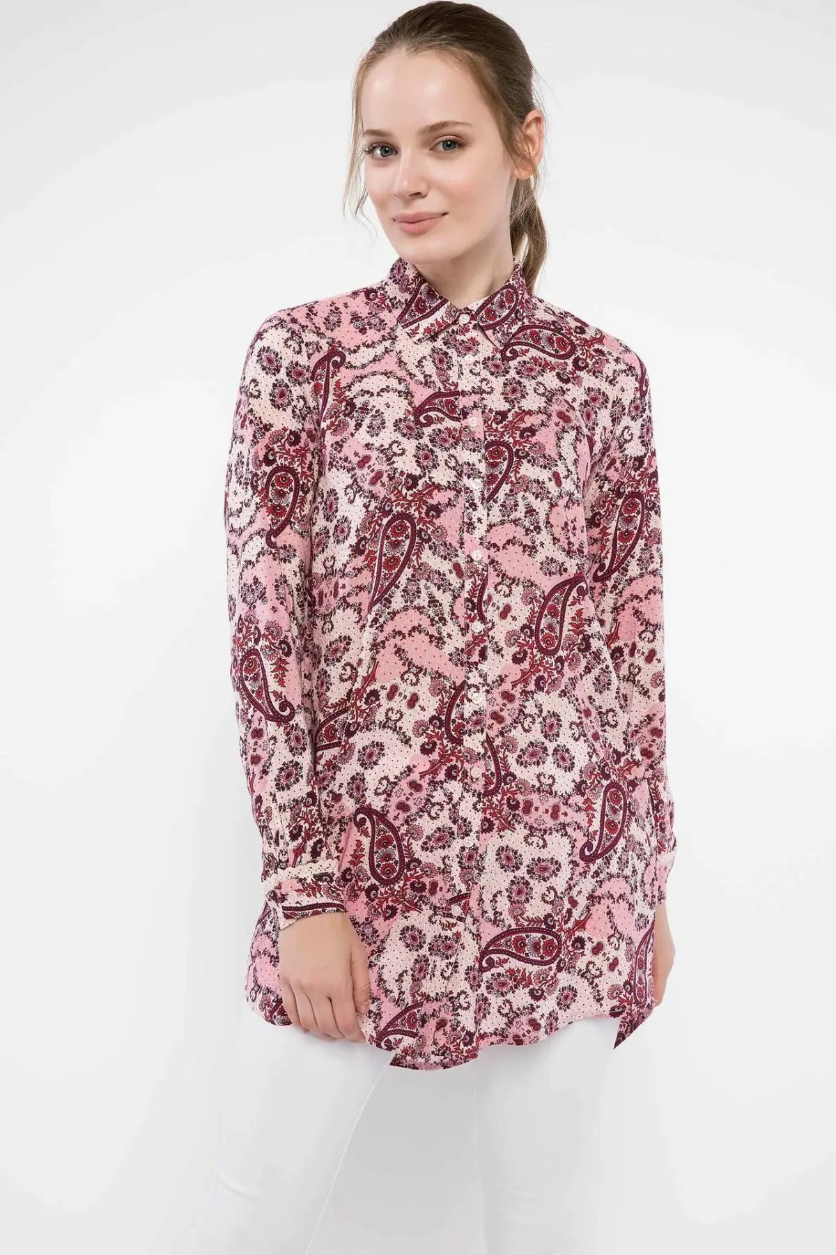  DeFacto Woman Summer Pink Color Blouse Women Casual Floral Prints Shirt Female Long Sleeve Woven Tu