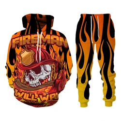 Outono inverno legal 3d bombeiros impressão hoodies calças 2 pcs conjuntos de roupas masculinas gothic skulled casual pulôver sweatsuit