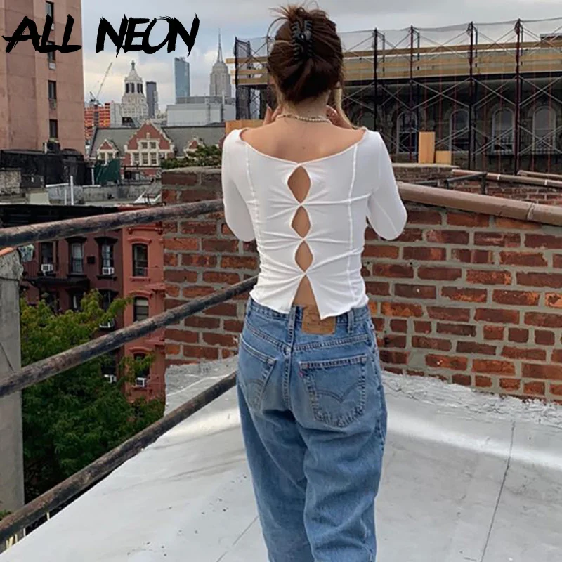 ALLNeon Y2K Aesthetics Hollow Out Stitch Long Sleeve T-shirts E-girl Vintage Solid O-neck Cropped Tops 90s Fashion Streetwear