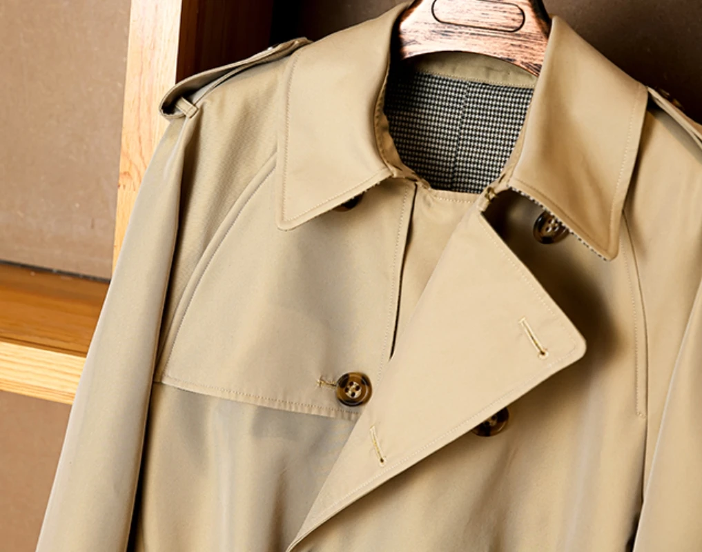 Men Trench Coat Mid-length Double Breasted Windbreaker Loose Fit Autumn Winter Vintage Military