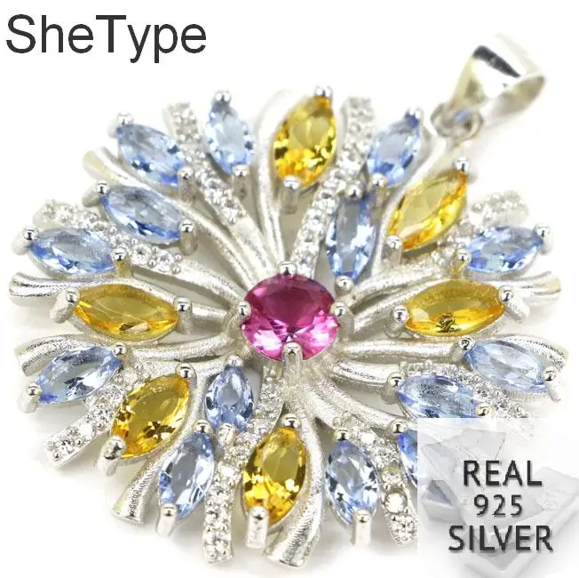 

35x29mm Multi Color Flower Shape Pink Tourmaline Vioelt Tanzanite 925 Solid Sterling Silver Pendant