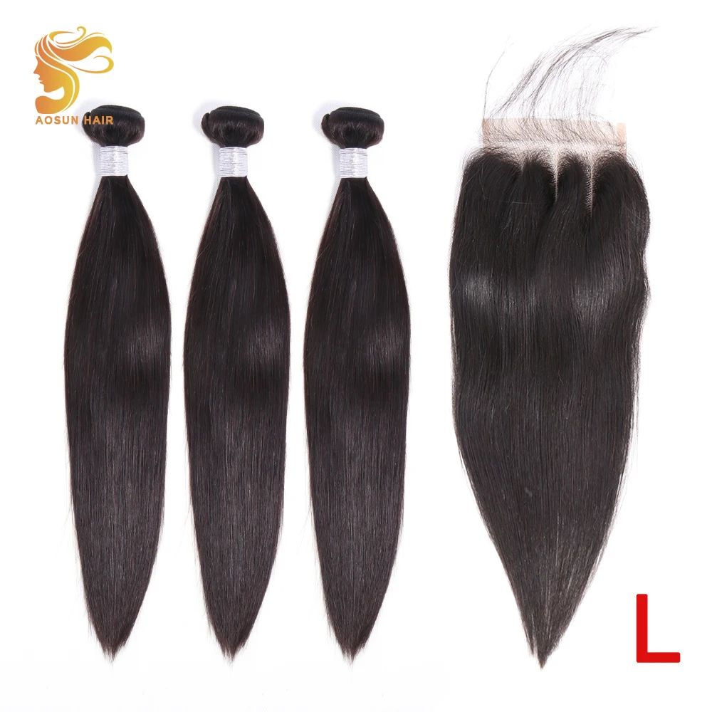 

AOSUN HAIR Peruvian Straight Bundles With Closure 3 Bundles Hair With Closure Remy Human Hair Bundles with Closure 8-26Inches