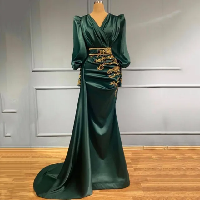 SoDigne Green Satin Evening Dresses Dubai Arabic Abiye Formal Prom Party Gowns With Gold Lace Long Sleeves 2022 Celebrity Dress Green