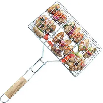 

Barbecue Grilling Basket,Portable Wire Grid Rack Foldable Garden Barbecue Cooking Tool with Wooden Handle for Cooking Fish