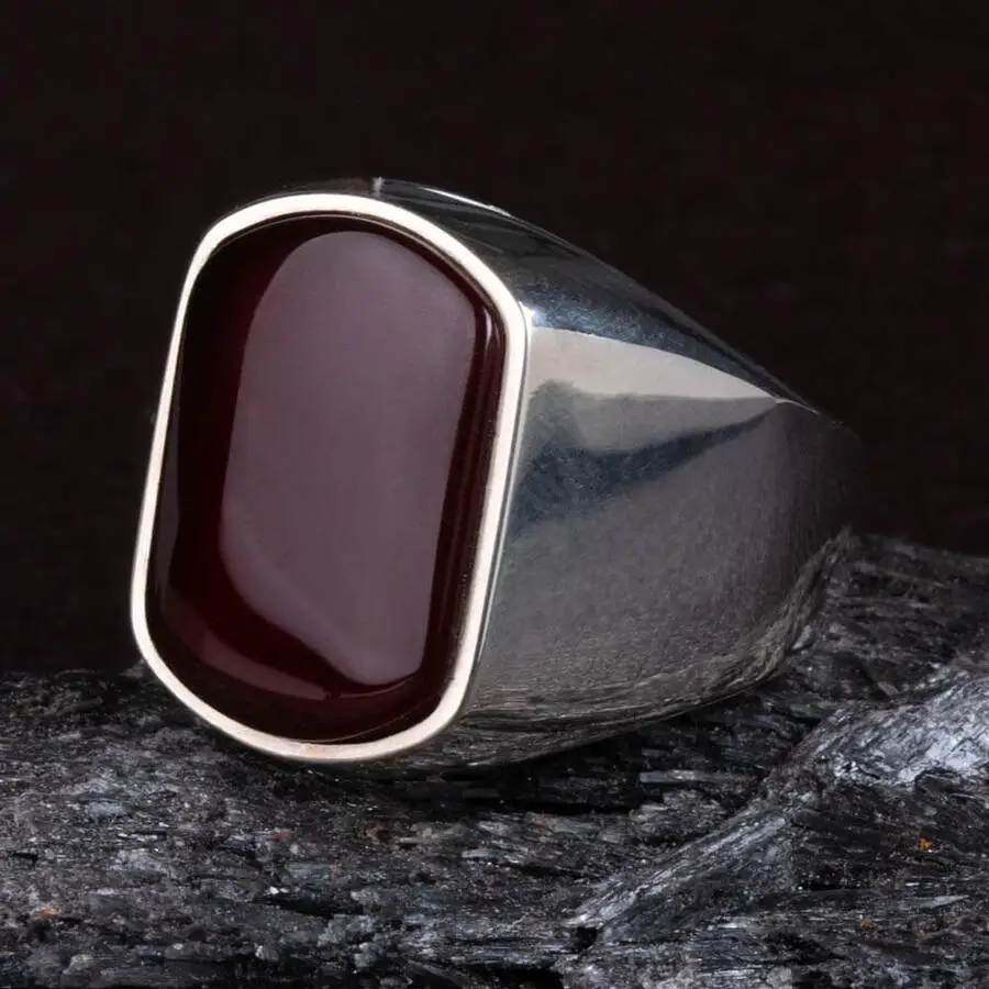 

Plain Dark Burgundy Agate Stone Men's 925 Sterling Silver Ring Fashion Turkish Premium Quality Handmade Jawelery