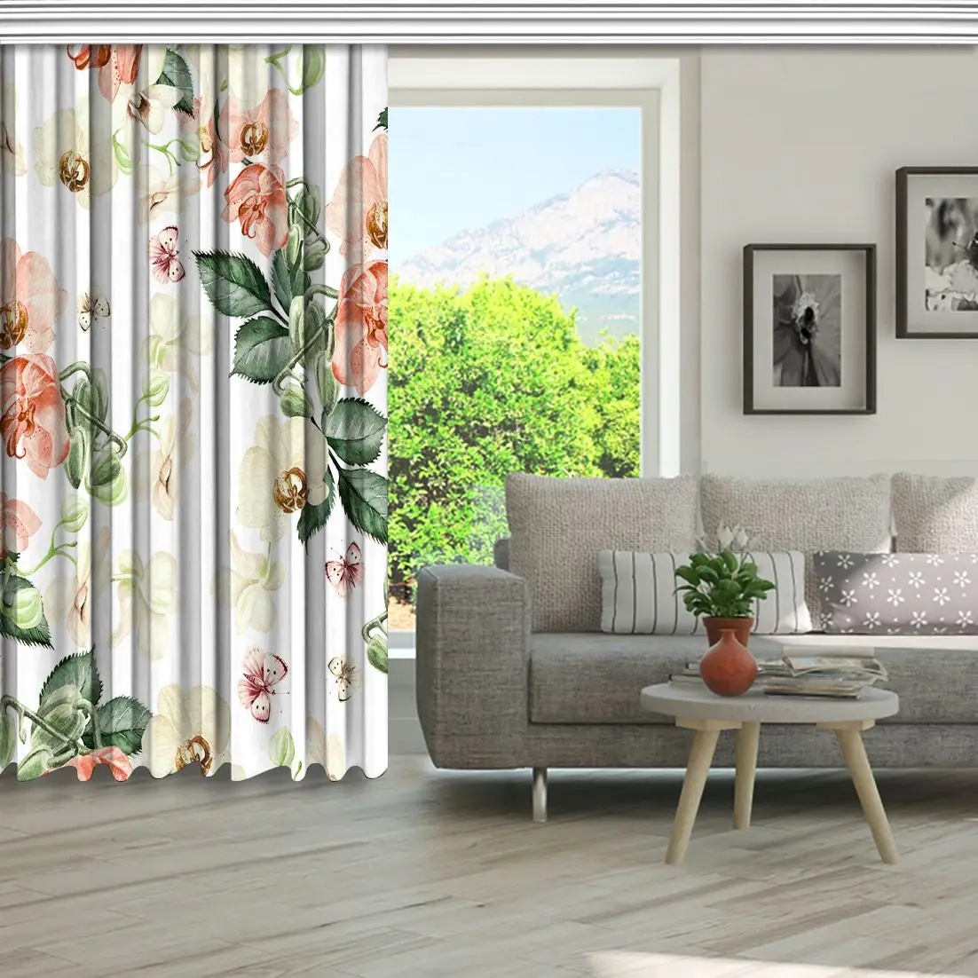 Orchid Flowers Butterflies Magical Garden Vintage Style Artwork Green Pink Beige Curtain