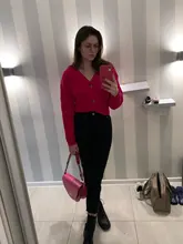 LUNDUNSHIJIA 2020 nueva primavera y otoño de las mujeres es holgado de punto suéteres señoras con cuello en V y manga larga de moda Rosa Cardigan rojo abrigos