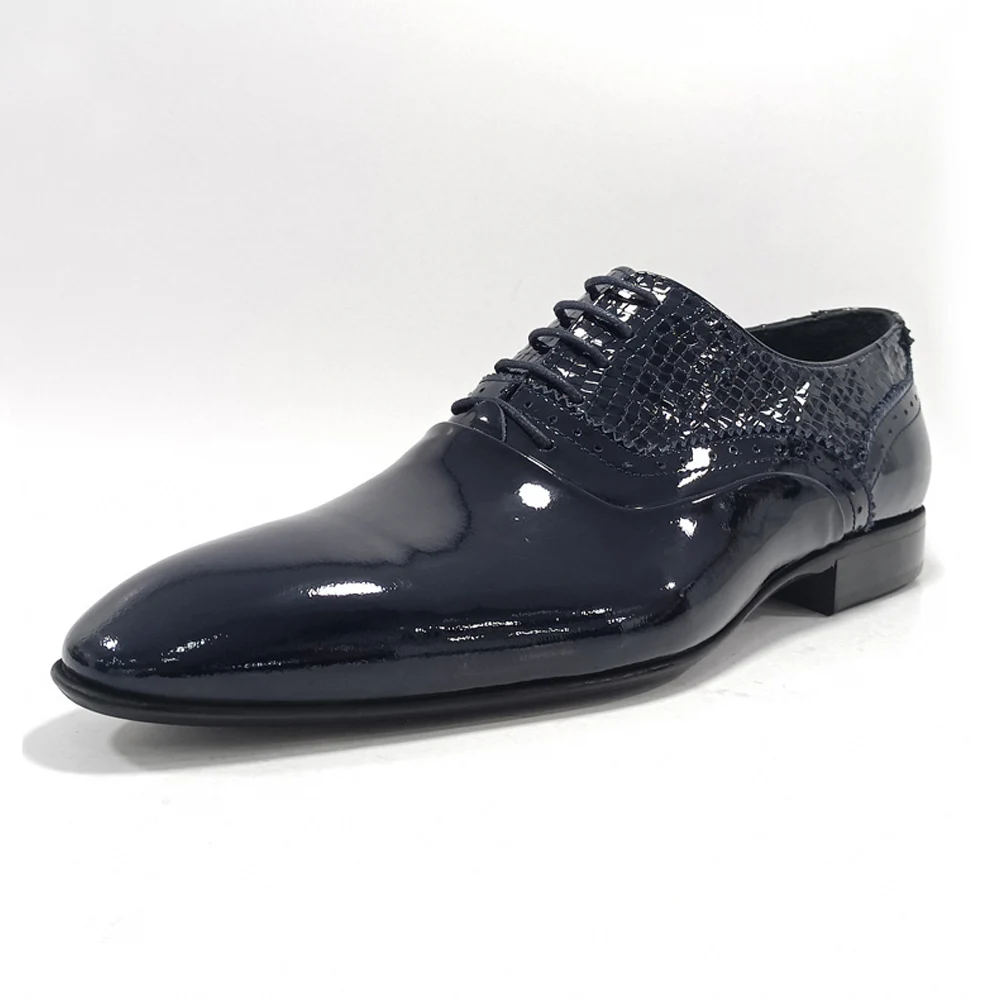 

Luxury Men Navy Blue Shoes Snake Skin Print Classic Style Genuine Leather Italian Mold Pointed Toe Lace Up Formal Bussiness
