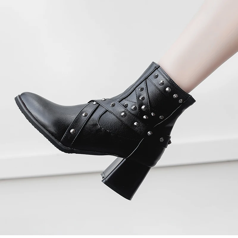 

Vintage West Boots High Heel Rivets Punk Ankle Boots for Women with Metal Decoration and Zipper Winter Boots Ladies Fashion