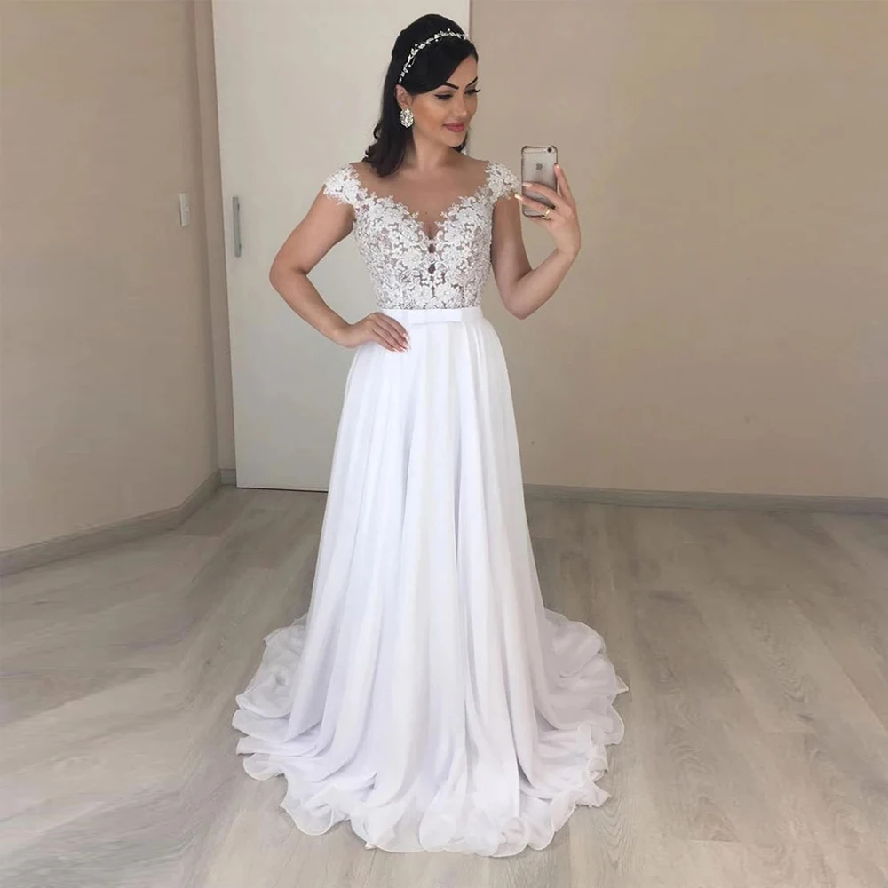 

Elegant Backless A-line Wedding Dress 2020 V-neck Cap Sleeve Applique Sweep Train Custom Made Bridal Gowns