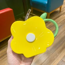 

Creative Irregular Flower Ceramic Cup with Straw Breakfast Office Cup Valentine's Day Gift Ceramic Mug Cute Colorful Cartoon Cup