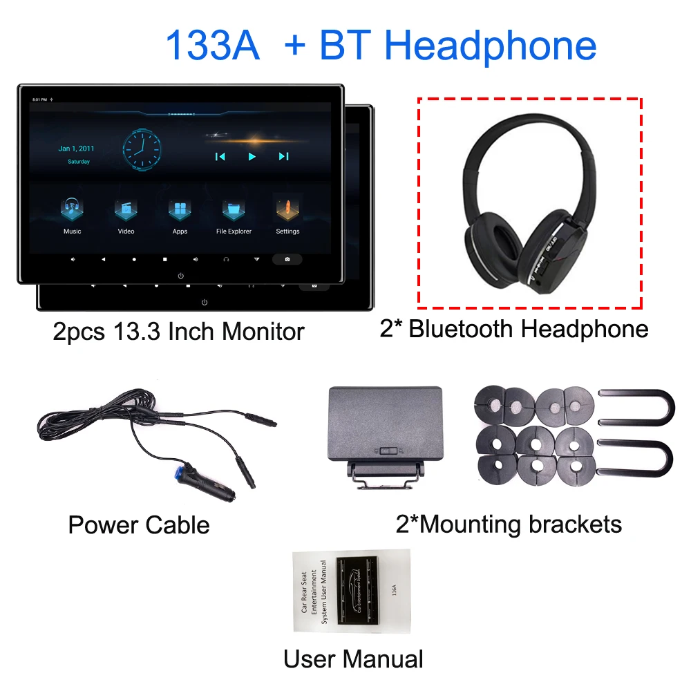 1PCS 133A-2-BT ONKAR 13,3 дюймов Android 9,0 Автомобильный подголовник монитор 2+ 16GB 4K 1080P видео Bluetooth FM Miracast wifi SD карта HDMI экран зеркальное отображение - Цвет: 1PCS 133A-2-BT