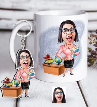 

Personalized Women 'S Teacher Caricature Of White mug And Keychain Gift Seti-5