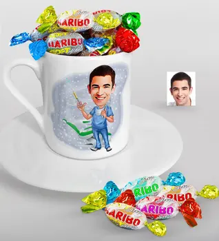 

Personalized Mr Dentist Caricature Of Turkish Coffee cup And Haribo Candy Gift set-4