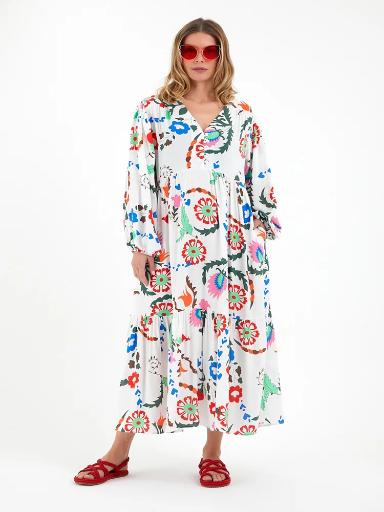 

Patterned V-Neck Full Sleeve Length White Color Long Summer Viscose Dress 2022 New Fashion Women's Clothing Collections