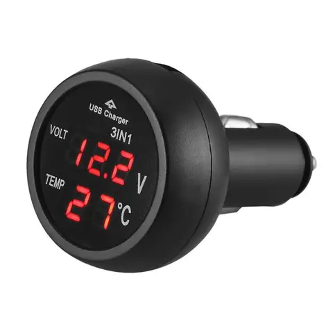 Digital Meter Monitor 3 in 1 LED USB Car Charger Voltmeter Thermometer Car Battery Monitor LCD Digital Dual Display
