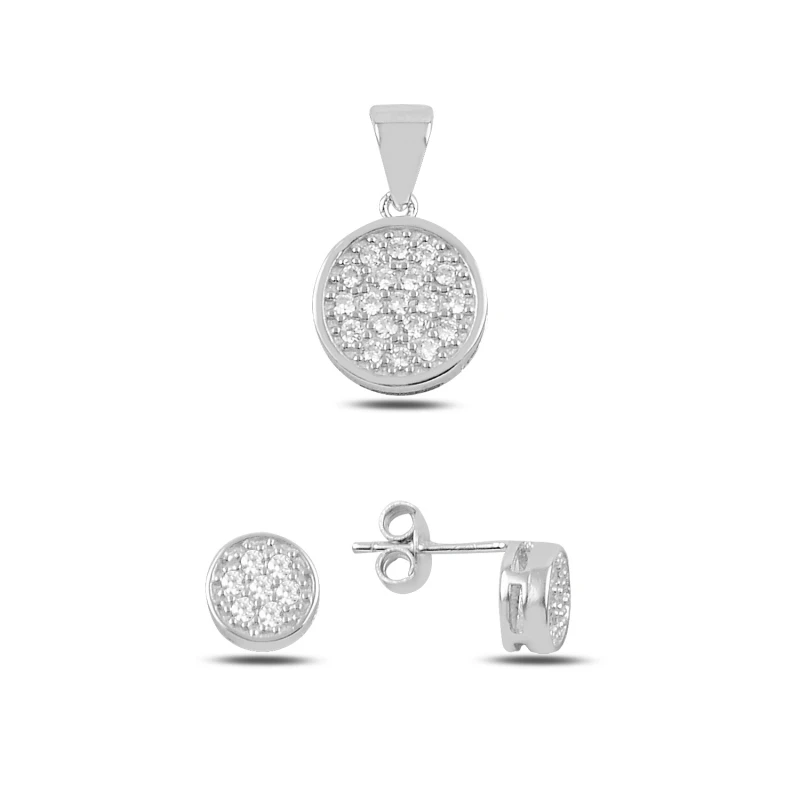 

Silver 925 Sterling Round Zircon Earrings & Pendant Set