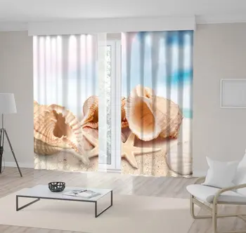 

Curtain Seashells Starfish on Sand Summer Beach Clouds Sky Underwater Life Nature Photo Beige